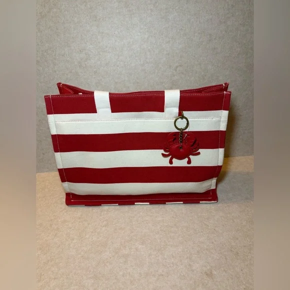 Sonoma Goods Danson Canvas Tote Red Cream Summer Bag Crab Charm NWT - Picture 5 of 10